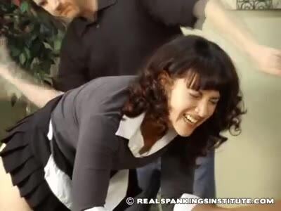 Strict Maid Gets Severe Belt Spanking on Bare Bottom in Office